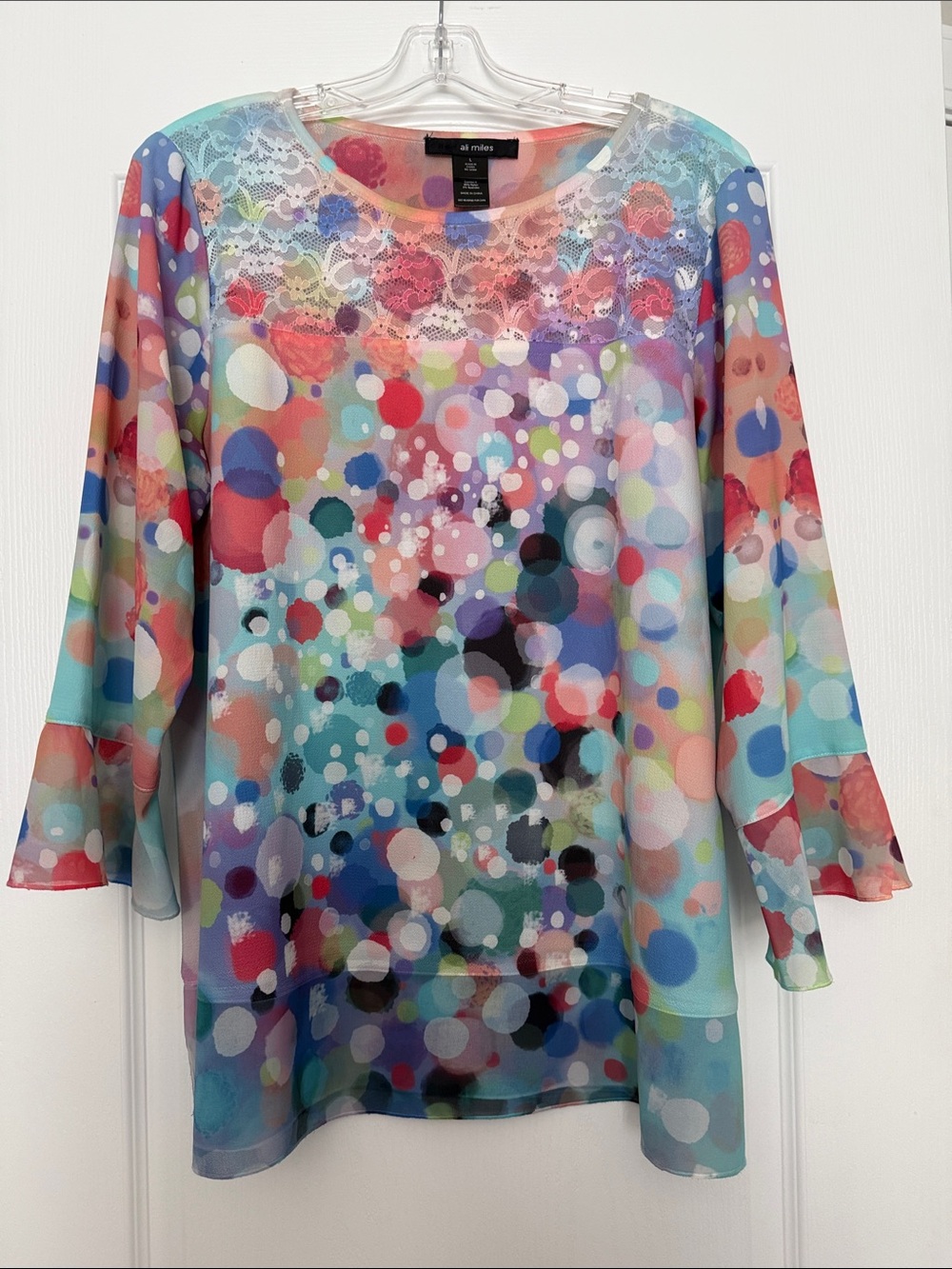 Ali Miles  Multicolor Lace-Trim Dot Print Women's Blouse